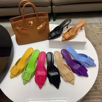 2024 New Muller Shoes Women s Shallow Mouth Pointed Toe Middle Heel Square Buckle Stiletto Baotou Women s Half Slippers 34