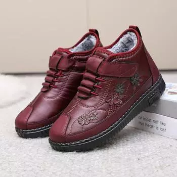 2024 new old Beijing cotton shoes women s winter cold boots velvet waterproof leather middle-aged and elderly warm mother cotton shoes 35 красный