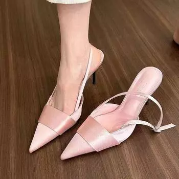2024 new outer bag head European and American large size thin heel high heel large size pointed head hollow one-word buckle strap sandals women 35 чёрный