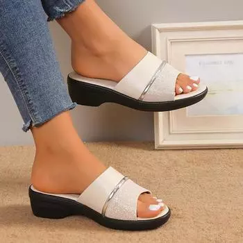 2024 New Patchwork Med Heels Slippers Women Summer Casual Non-Slip Beach Slides Woman Metal decoration platform flip flops shoes 36 бежевый