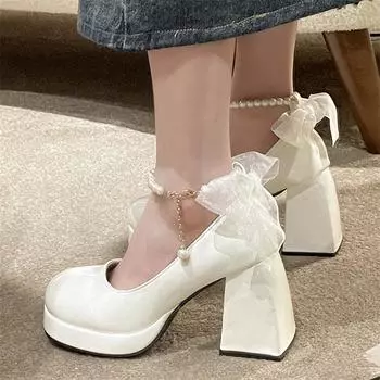 2024 New Pearl Buckle with High Heels Women s Mary Jane Shoes Elegant French Wedding Party pumps Women s Platform Single Shoes 35 чёрный