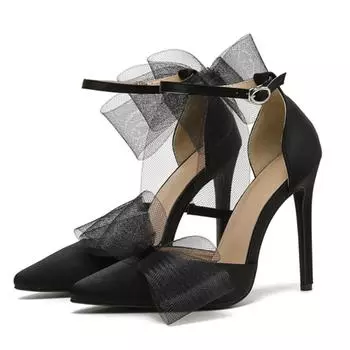 2024 New Pointed Buckle with Hollow Women s Sandals Fashion Mesh Bow Satin Summer High-heeled Party Dance Shoes 35 чёрный