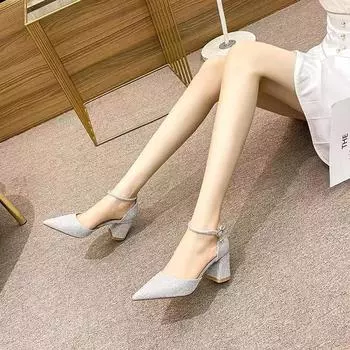 2024 new pointed sandals high heels women s shoes one-word buckle with thick heels banquet casual daily fashion hollow shoes 34 золотой