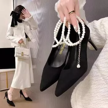 2024 new pointed stiletto high heels women s high-end black single shoes one-word buckle suede pearl high heels 34