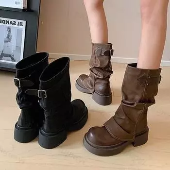 2024 New Retro Fashion Versatile Brown Mid-calf Western Cowboy Boots Round Toe Square High Heel Punk Style Women s Trouser Boots 35 чёрный