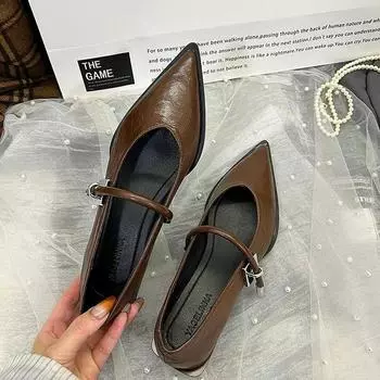 2024 New Retro Pointed Single Women Shoes Versatile One Line Strap Casual Thick Heel Shallow Metal Buckle Low Heel Women s Shoe 36 чёрный