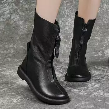 2024 New retro pu leather ingle boots long boots female ankle boots soft bottom leather boots flat autumn and winter boots 35 чёрный