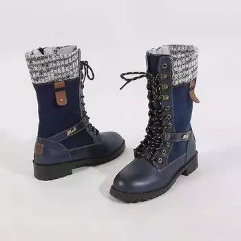 2024 New Retro Women Western Boots Punk Lace Up Motorcycle Boots Autumn Winter Boot Zipper Mid Calf Boots Ladies Short Botas 35 темно-синий