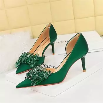 2024 New Rhinestone Women Pumps Bow knot Retro Pointed Toe High Heels Side Hollow Party Luxury Gemstone Stilettos Shoes 34(Foot22cm)