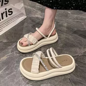 2024 new shit-stepping sandals female summer muffin heel shoe lift fairy wind thick sole two wear sandals soft sole half drag 35