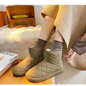 2024 Новые короткие зимние ботинки женские зимние мягкие утолщенные водонепроницаемые теплые плоские нескользящие хлопковые ботинки на толстой подошве 35 бежевый