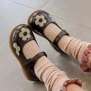 2024 New Simple Fashion Girls Mary Jane Shoes for Party Wedding Children s Leather Shoes Embroidery Kids Princess Flats Shoes 21 бежевый