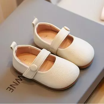 2024 Новые простые повседневные туфли для девочек с круглым носком из искусственной кожи на липучке, однотонные детские модные мокасины на платформе для принцессы, весенние туфли из искусственной кожи 23 чёрный