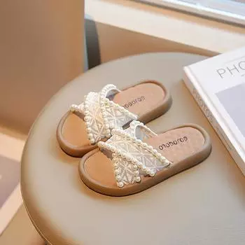 2024 New Simple Girls Slippers Cute Pearls Versatile Soft Princess Shoes Drop Shipping Non-slip Children Casual Shoe Chic Summer 26 бежевый