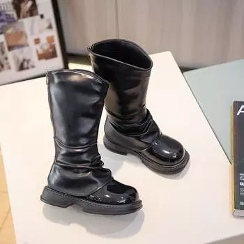 2024 New Simple Non-slip Children Fashion Versatile Soft Girls High Boots Chic PU Back Zipper Unique Elegant Kids Princess Boots 26 хаки