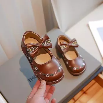2024 New Simple Non-slip Children Fashion Girls Casual Shoes Embroidery Flats Princess Shoes Bow Simple French Style Kids Shoes 23 розовый