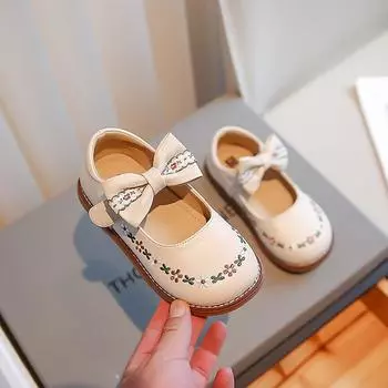 2024 New Simple Non-slip Girls Leather Shoes Drop Shipping Bow Round-toe Korean Style Simple Children Fashion Casual Shoes Flat 23 розовый