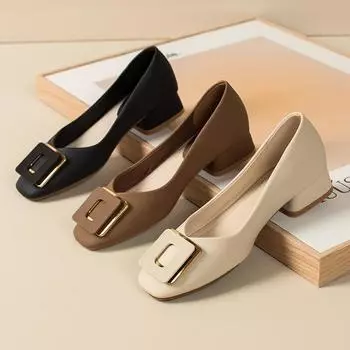 2024 new single shoes women s head shallow mouth French square buckle thick heel low heel commuter women s shoes versatile shoes 8811-2 35 абрикосовый