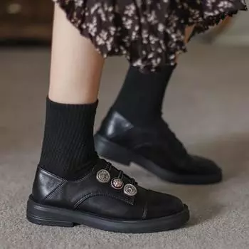 2024 new single shoes women s soft leather retro loafers, one pedal button badge, two British shoes, small leather shoes 35 чёрный