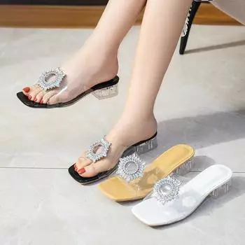 2024 New Slippers Shoes for Women Transparent Rhinestone with Medium Heel Slippers Fashion Open-toe Large Size Women Shoes 35 абрикосовый