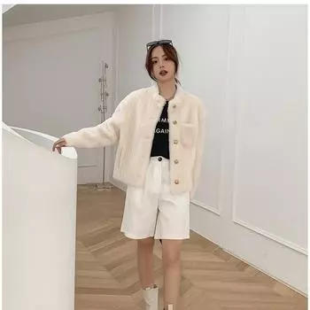 2024 new small stand-up collar lamb fur integrated sheep shearing coat short fur young coat women S