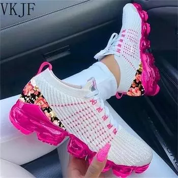 2024 New Sneakers Women Spring Fashion Knitted Fabric Floral Lace Up Ladies Casual Shoes Larged-Size Flats Running Sport Shoes 37