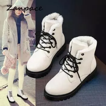 2024 New Snow Boots Plus Velvet Cotton Shoes Patent Leather Womens Platform Heels Shoes Lace-up Short Plush Warm Women s Shoes 35 белый
