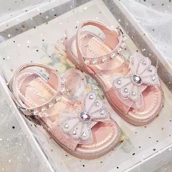 2024 New Soft Butterfly Rhinestones Sweet Princess Shoes for Party Wedding Shows Summer Children Girls Sandals Britain Style PU 23 розовый