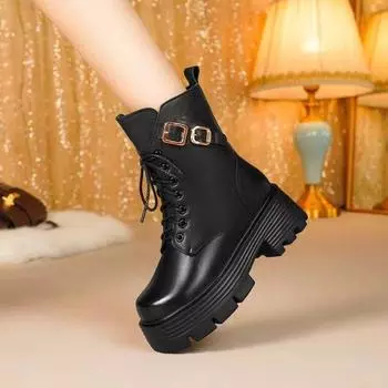 2024 new soft leather Martin boots women s velvet high-heeled medium tube thickened wool cotton boots British warm mother boots 35