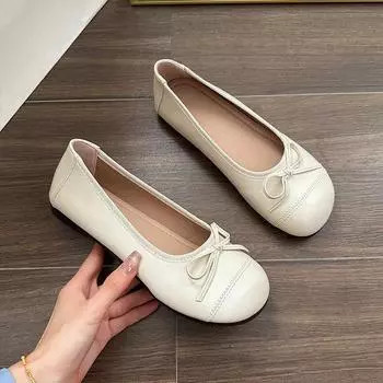 2024 New Solid Color Versatile Women s Shoes Round Toe Bow Ballet Shoes Fashion Flat Mary Jane Light Soft Sole Shoes Women s 35 бежевый