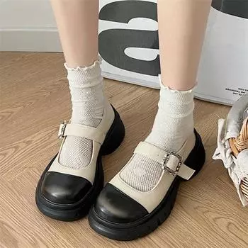 2024 New Splicing Design Round Toe Lolita Shoes Ladies Retro buckle Mary Jane shoes Women s Thick Bottom Jk Uniform Shoes Y2K 35 бежевый