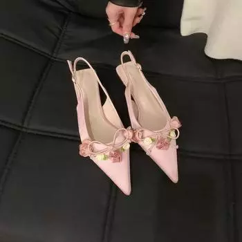 2024 Новая весенне-осенняя мода с цветочным принтом, милыми заостренными носками, бантом, пряжкой-иглой, повседневные тонкие женские туфли на высоком каблуке 35 чёрный