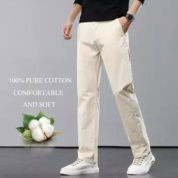 2024 Новые весенние и осенние тонкие мужские повседневные брюки из чистого хлопка Slim Fit, осенние брюки из белого ледяного шелка, прямые брюки 28