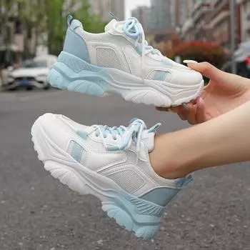 2024 New Spring and Autumn White Thick Sole Sports and Casual Shoes with Mesh Breathable and Versatile Comfortable Casual Shoes 35 синий