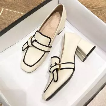 2024 New Spring/Autumn Square Head Women s Single Shoes Classic Women s British Bow Thick Heel Soft Leather Women s High Heels 35 чёрный