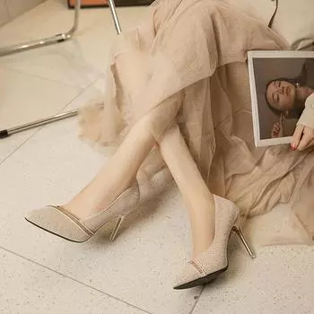 2024 New Spring Autumn Versatile French Style Women s Pointed Toe Rhinestone Thin Heel High Heel 9cm Rubber Material Flats 34 чёрный