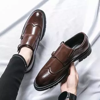 2024 New Spring Men s Comfortable Leather Shoes Brand Mengke Shoes Business Dress Double Buckle Kick Lazy Groom Wedding Shoes 38 чёрный