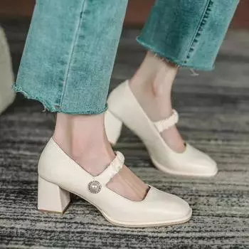 2024 New Spring Summer French Style Women s Single Shoe Vintage Soft Bottom Pearls High Heel Versatile Warm Mary Flat Shoes 35 чёрный