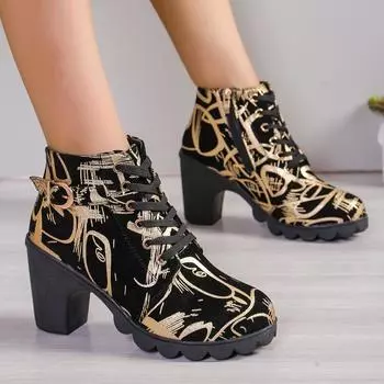 2024 New Spring Winter Women s High Heels High Quality Lace Up European Women s Shoes Leopard Print High Heels Side Zipper Boots 35