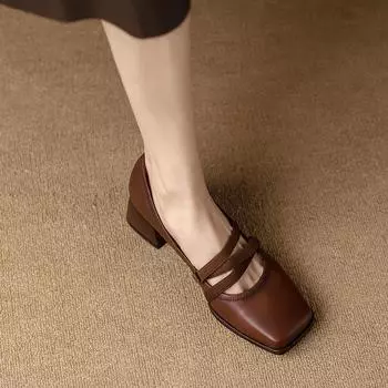 2024 New Spring Women Shoes Genuine Leather Mary Jane Shoes Square Toe Chunky Heel Women Shoes Retro Buckle Mid-heel Pumps 35 чёрный