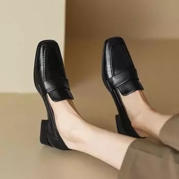 2024 New Spring Women Shoes Split Leather Loafers Square Toe Chunky Heel Women Pumps Shoes for Women Retro Ladies Shoes 34