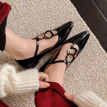 2024 NEW Spring Womens Pumps Split Leather Shoes for Women Pointed Toe Chunky Shoes Low Heel Buckle Shoes Zapatos Mujer 35 чёрный