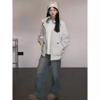 2024 new stand-up collar down cotton clothes for women, winter solid color versatile neutral wind loose warm thick cotton coat for women S