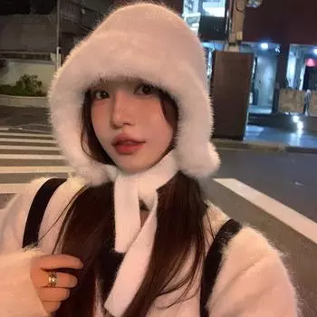 2024 new strap plush thickened knitted hat women s autumn and winter hat outdoor warm hat bag head ear protection hat M56-58cm молочный белый