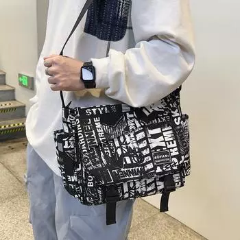 2024 New Street мужская и женская сумка через плечо большой емкости с принтом наплечная сумка корейская мода студенческий рюкзак сумка для хранения чёрный