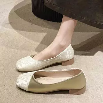 2024 Новый стиль Модные и удобные цветные женские туфли с квадратным носком на высоком каблуке Туфли на толстом каблуке Ленивые туфли 35 бежевый