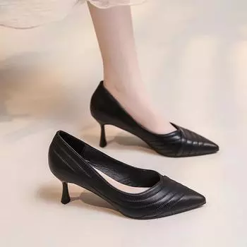 2024 New Style Fashionable and Versatile Shallow One-legged Stiletto Heel Spring and Autumn Pointed Toe Women s Heeled Shoes 34 бежевый