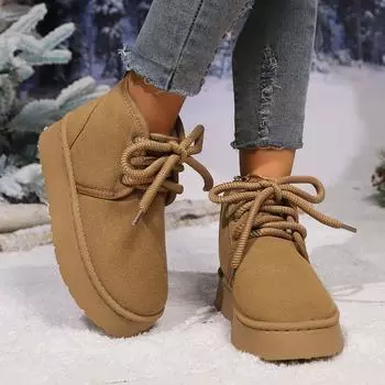 2024 New Style Fashionable Versatile Comfortable Winter Warm Women s Boots Solid Color Lace Up Short Snow Boots 35 чёрный