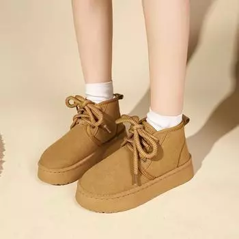 2024 New Style Fashionable Versatile Temperament Comfortable Winter Warm Women s Boots Solid Color Lace-up Short Snow Boots 35 чёрный