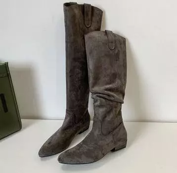 2024 New Style Piles of Boots Pointed Toe Square Heel Suede Roman Style Brown Long Knee High Boots Women Boots 35 серый